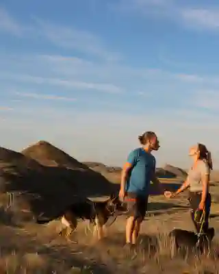 Georg, Momo, Nelly, and Jo after a hike in the prairie. Jo and Georg are turning to each other and sticking out their tongues.