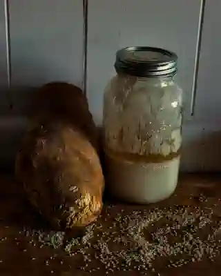 Unser Sauerteigstarter und eins der leckeren Sauerteigbrote.