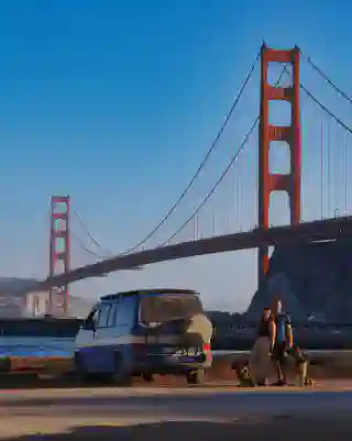 Us standing in front of the Golden Gate Bridge.