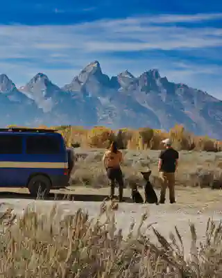 Wir (Jo, Nelly, Momo und Georg) im Teton National Park. Wandern mit Hund ist hier nicht möglich!